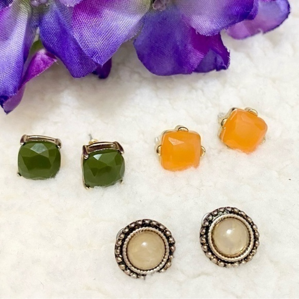 Three pair earrings green tangerine pearly